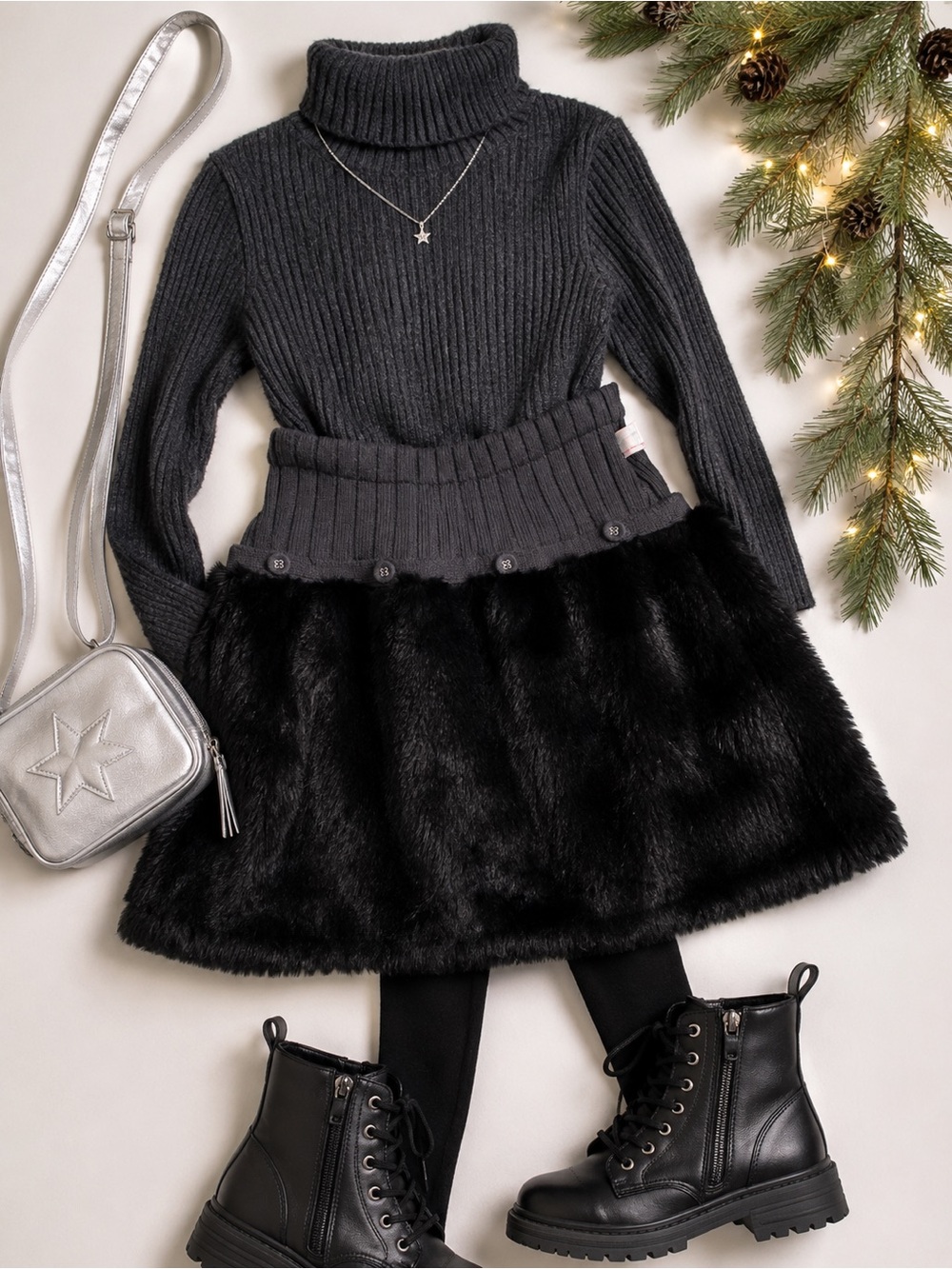 little missmatched black faux fur skirt with knit waist girls xl